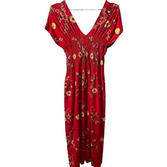 Cacharitey Made in Mexico Smocked Embroidered Double V Midi Dress - Picture 5 of 9